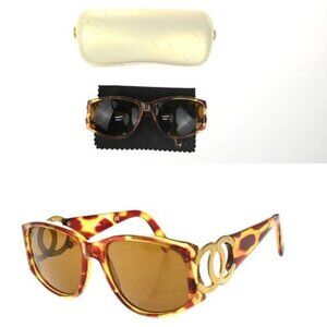 CHANEL CC Logo Sunglasses Eye Wear Plastic Brown GHW Italy 02461 09RF984